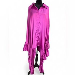 Fuchsia Pink Satin Ruffle Asymmetrical Button Front Kimono Bat Wing Top XL
